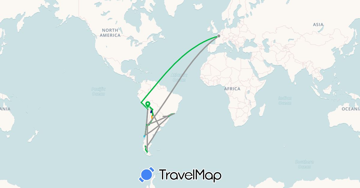 TravelMap itinerary: driving, bus, plane, boat, hitchhiking in Argentina, Bolivia, Brazil, Chile, France, Peru (Europe, South America)